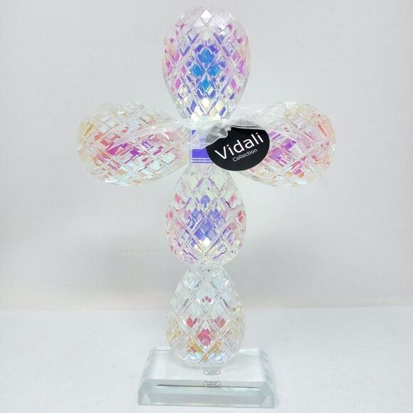 NWT Vidali Iridescent 8.75" Tall Crystal Cross Paperweight Wedding Baptism Decor - Picture 1 of 7